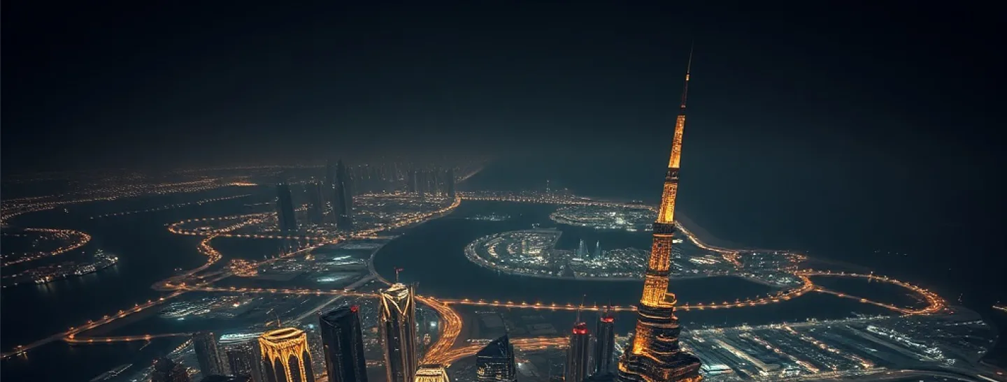 Aerial view of the Dubai business district at night with glowing city lights and the illuminated Burj Khalifa