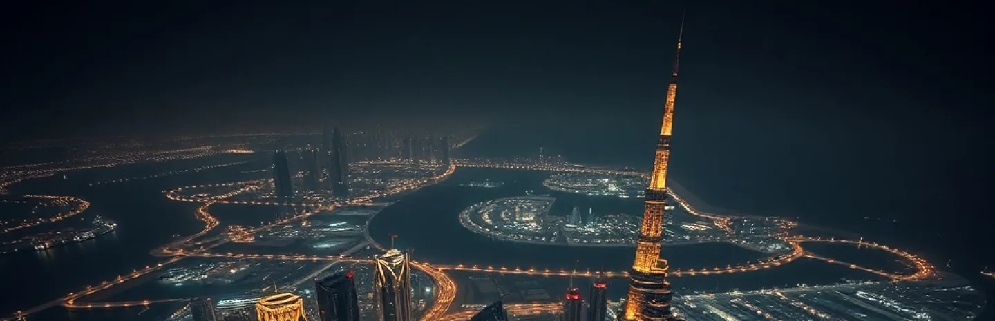 Dramatic aerial view of the Dubai business district at night with glowing city lights